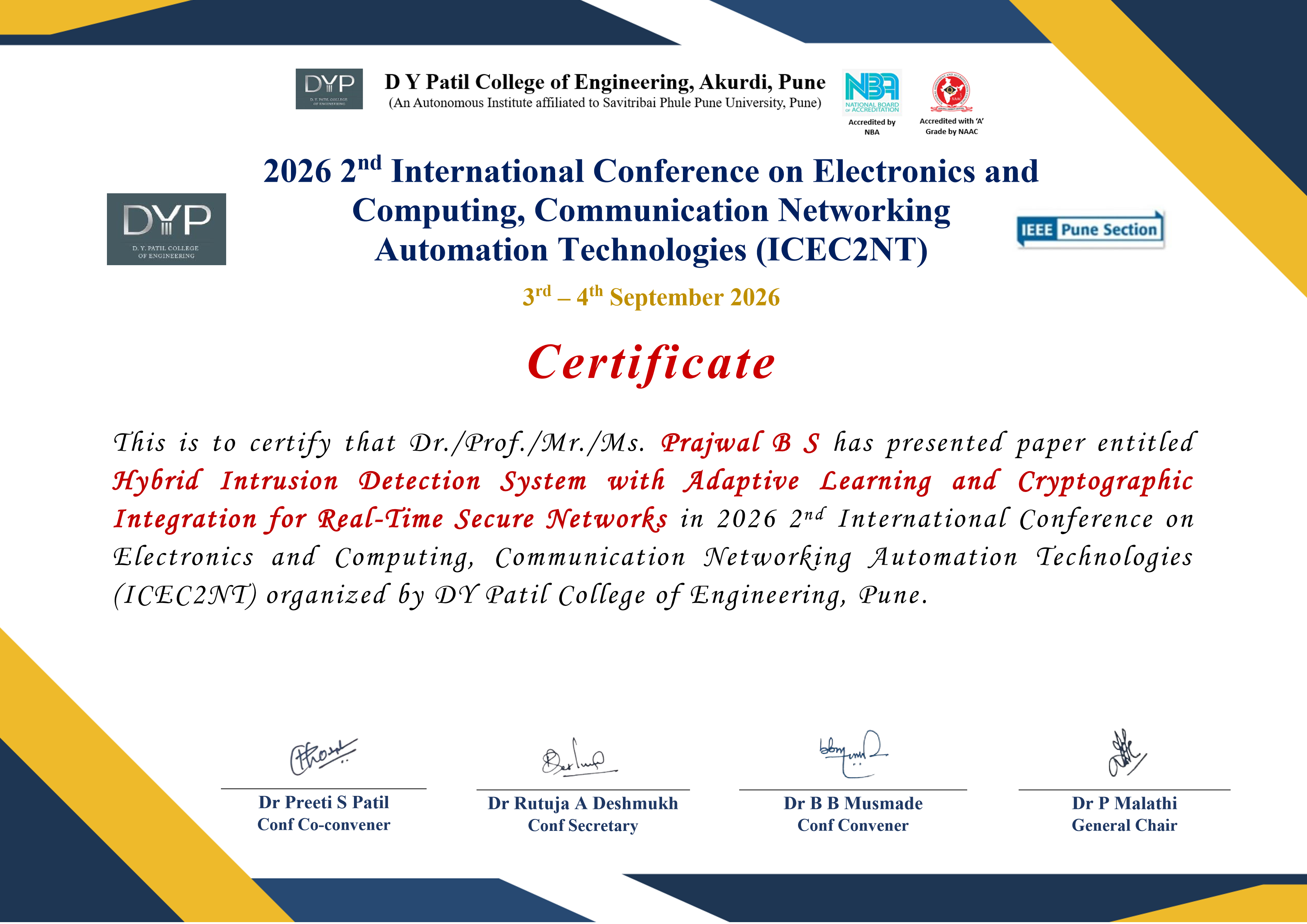 Prajwal B S - ICEC2NT 2026 Presentation Certificate